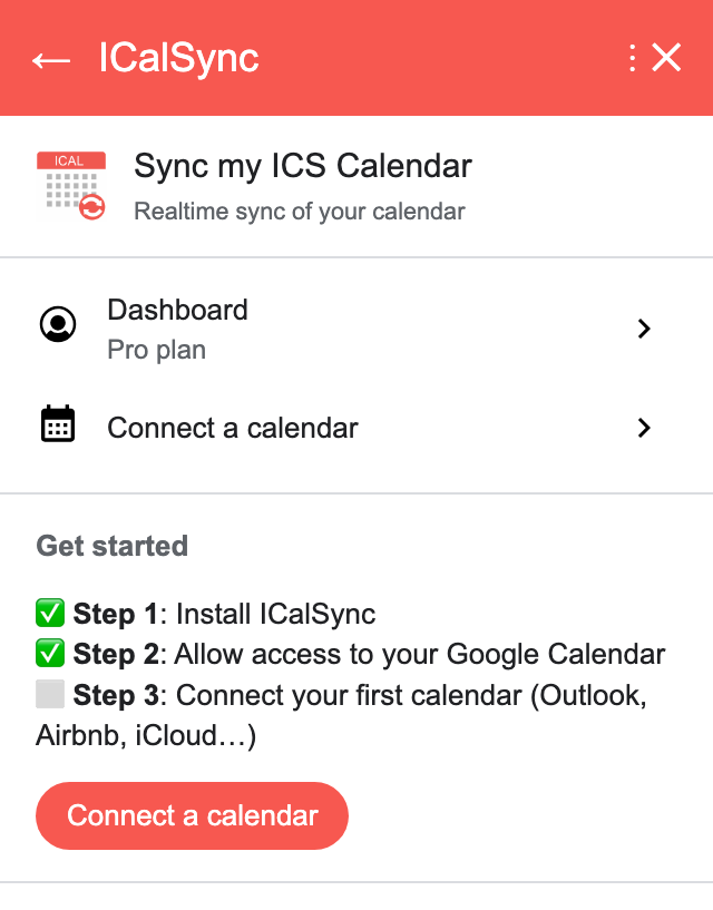 The Get started steps of ICalSync